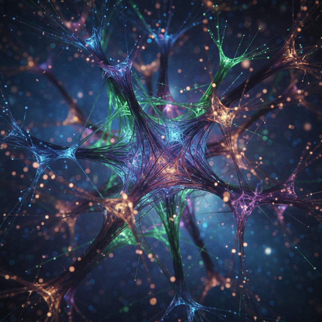Sieć neuronowa przedstawiona jako świecące nici, model językowy AI i rytr