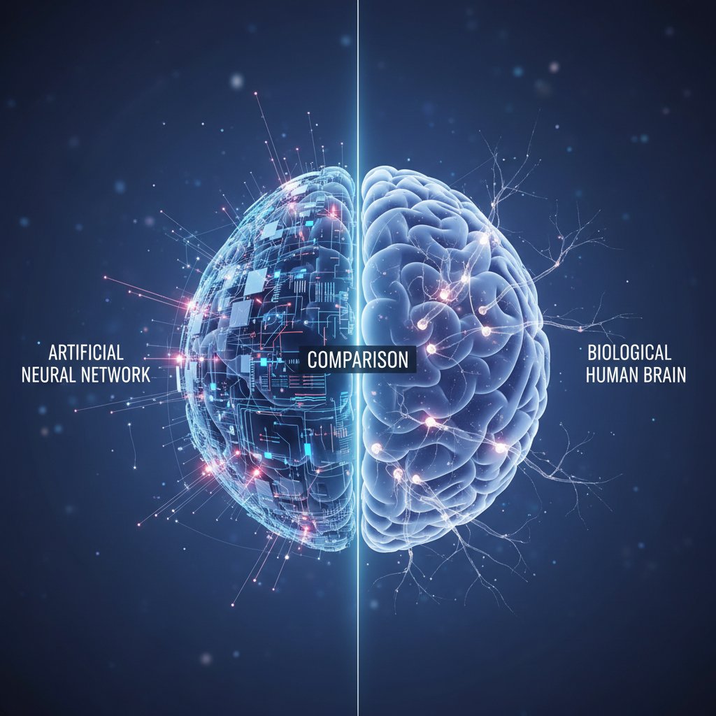 Sieć neuronowa i ludzki mózg przedstawione obok siebie – wizualizacja porównawcza