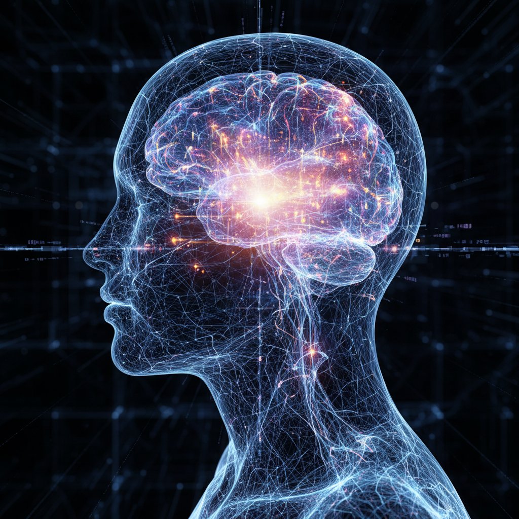 Sieć neuronowa nakładająca się na sylwetkę głowy człowieka, obrazująca wpływ AI na analizę osobowości