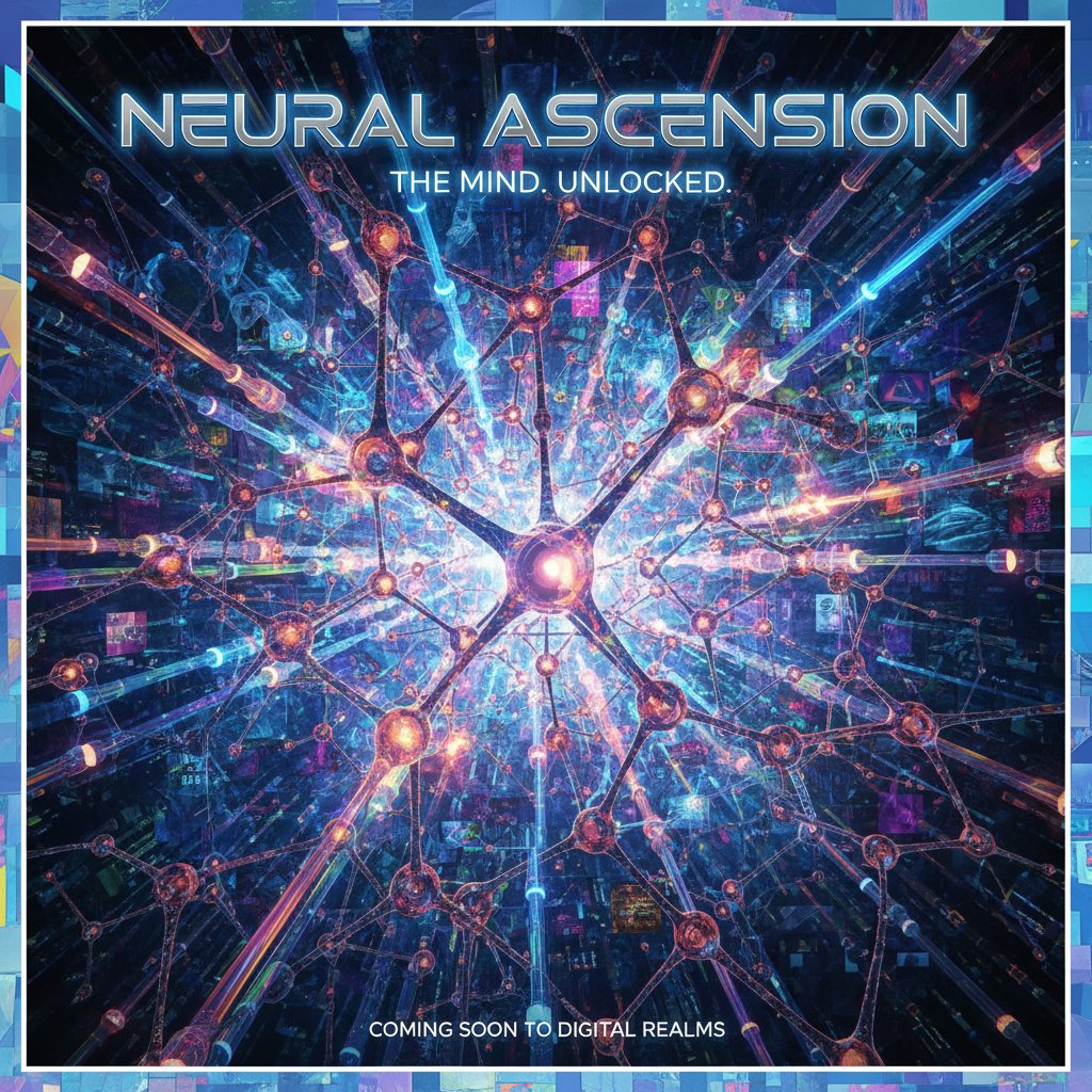 Neural network overlay on movie posters with data flowing and vibrant colors, tech-art fusion