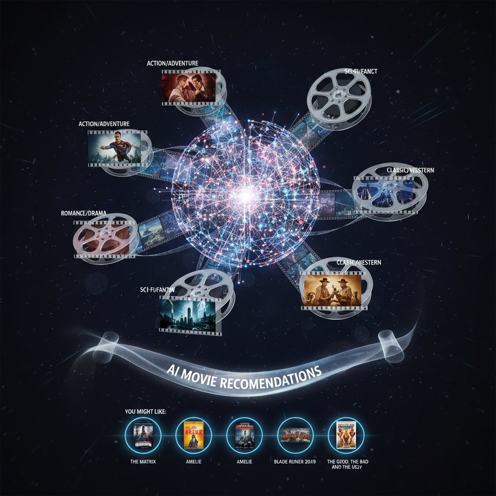Visualization of AI neural networks blending with movie reels, symbolizing AI-powered movie recommendations