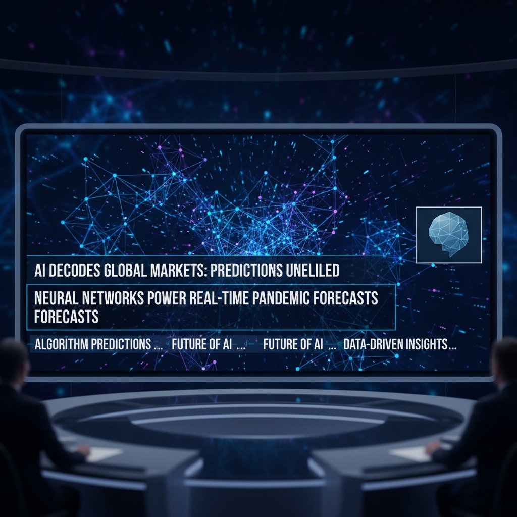 Photo of a digital neural network visualization with streaming news headlines in a dark, dramatic newsroom