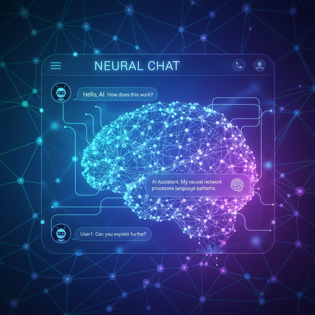 Artystyczna wizualizacja połączeń sieci neuronowych na tle okna czatu, symbolizująca AI i relaks online