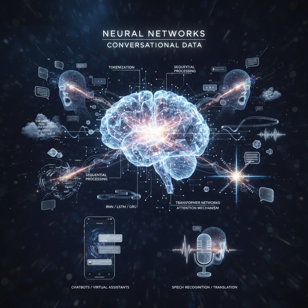 Artystyczna fotografia ukazująca wizualizację sieci neuronowych analizujących dane konwersacyjne