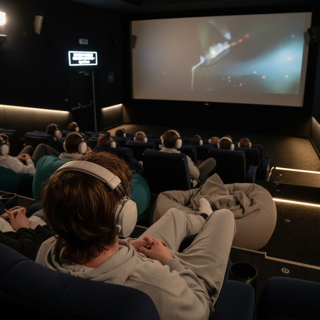 Neurodivergent adult enjoying a sensory friendly movie, relaxed with headphones and soft lighting in an inclusive theater setting