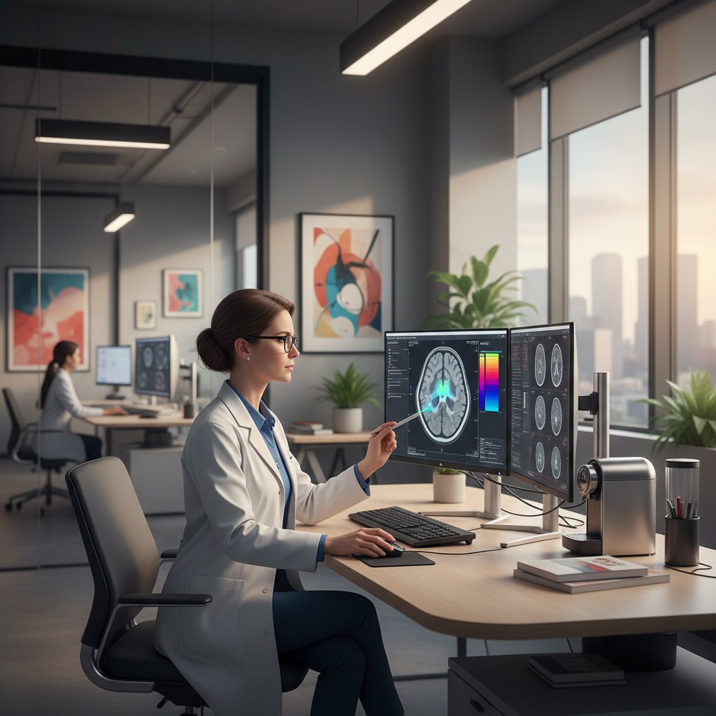 Doświadczony lekarz neurolog analizujący wyniki rezonansu magnetycznego na monitorze, nowoczesny gabinet