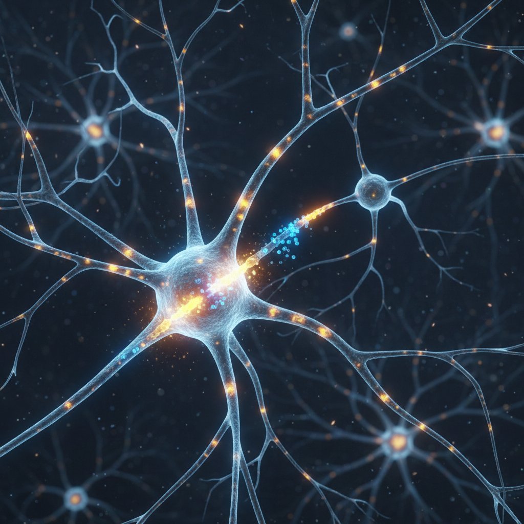 Zbliżenie na neuron z synapsami i wyładowaniami – ilustracja neurobiologicznych mechanizmów zaangażowania