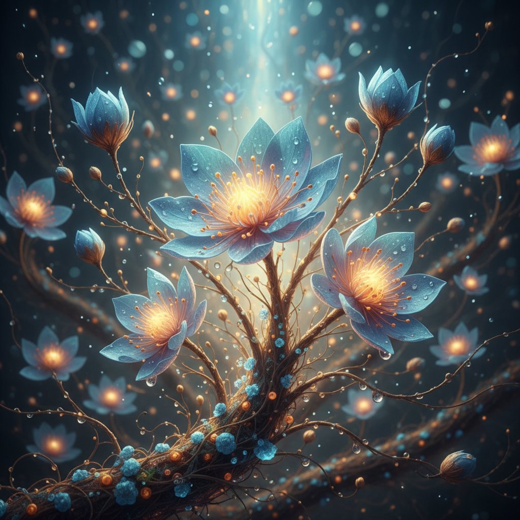 Sieć neuronów z kwitnącymi kwiatami jako symbol plastyczności mózgu po traumie rozwojowej