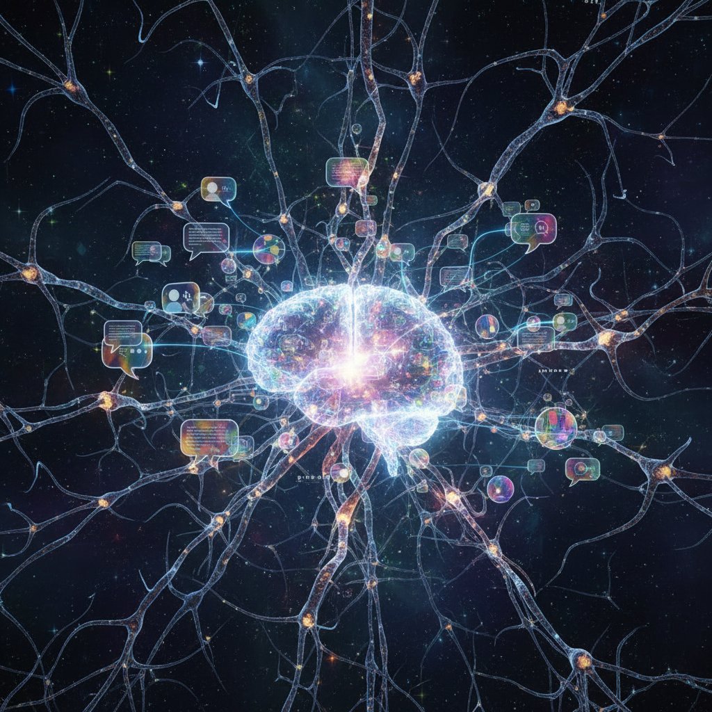 Sieć neuronów i bańki czatu – neuroprzekaźniki podczas rozmowy, wizualizacja mózgu i wymiana zdań, poprawa nastroju