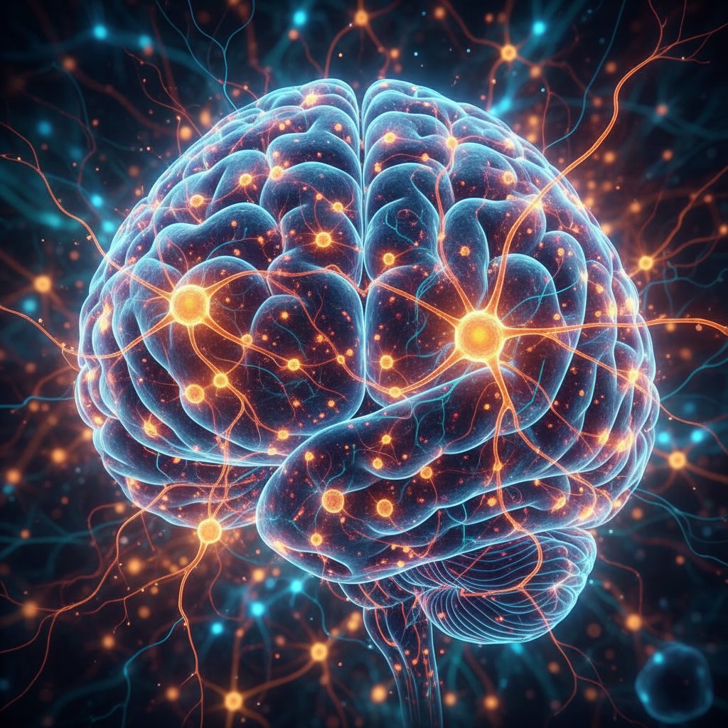 Zbliżenie na neurony i synapsy w mózgu, dynamiczne kolory, symbolizujące procesy pamięciowe