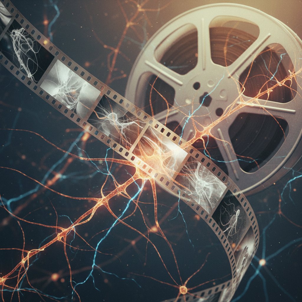 Editorial photo of neurons firing with cinematic overlay and film reel, symbolizing dopamine surge during twist ending movies