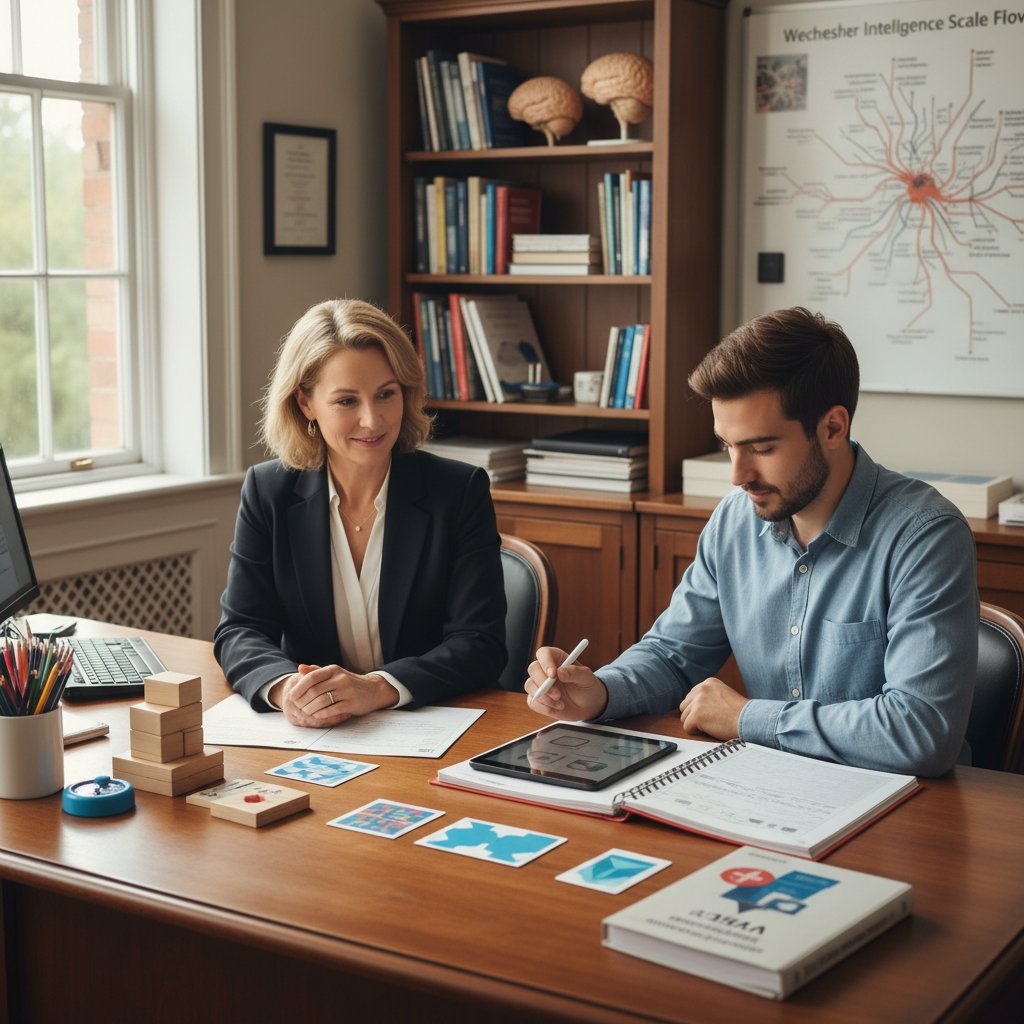 Przykładowe testy neuropsychologiczne na biurku, karta do zegara, arkusze testowe