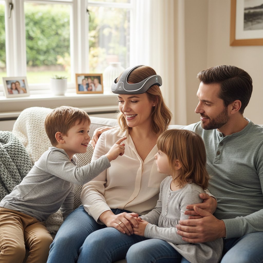 Osoba z widocznymi elektrodami do neurostymulacji rozmawiająca z bliskimi w domowym, pozytywnym otoczeniu