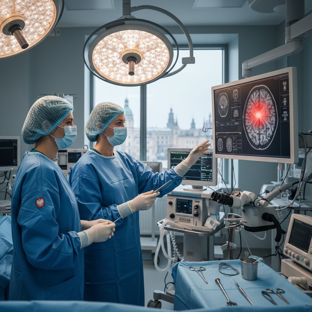 Neurochirurg wykonujący kraniotomię w nowoczesnej sali operacyjnej, z widocznymi monitorami i skanami mózgu