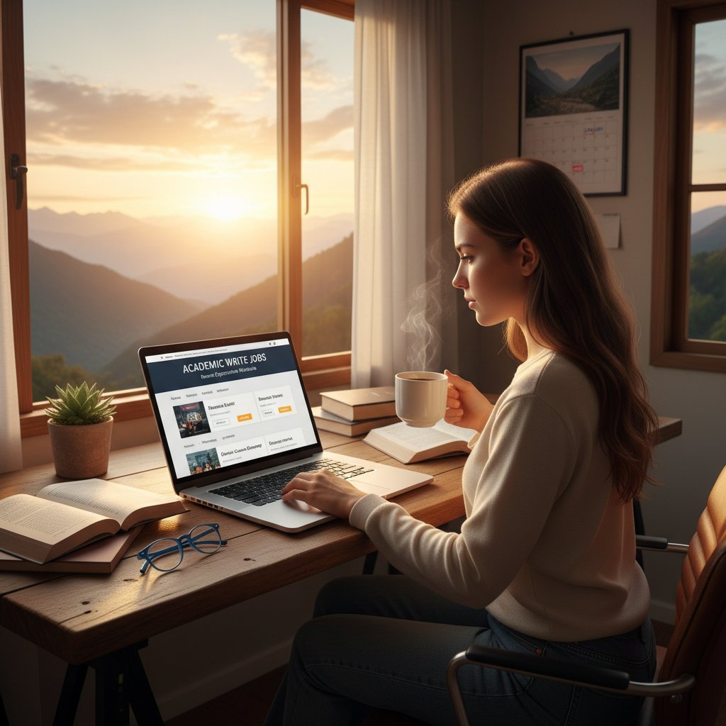 Hopeful new academic writer browsing remote job boards at sunrise