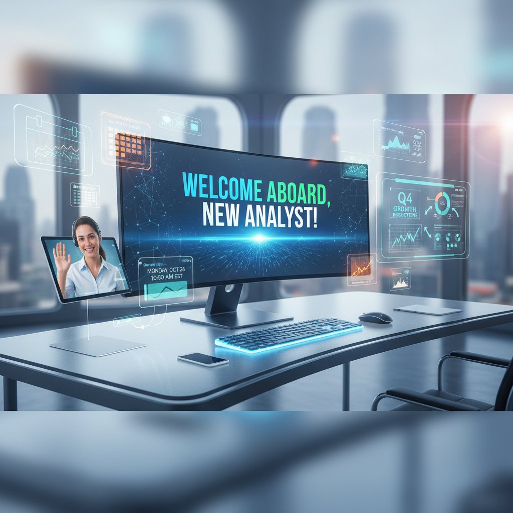 New analyst welcomed by team at digital workspace, narrative style, 16:9