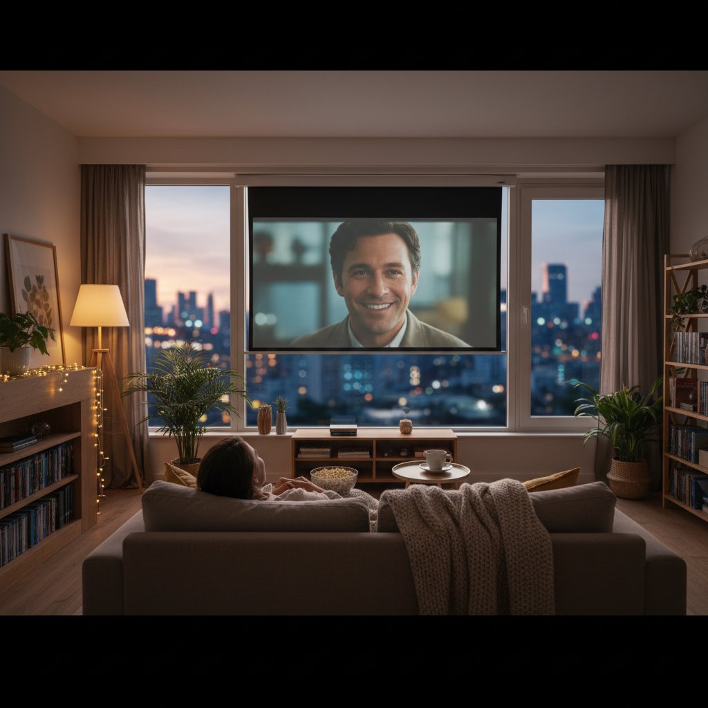 New beginnings after stress relief through movies, open window at dawn with TV glowing softly and sense of hope