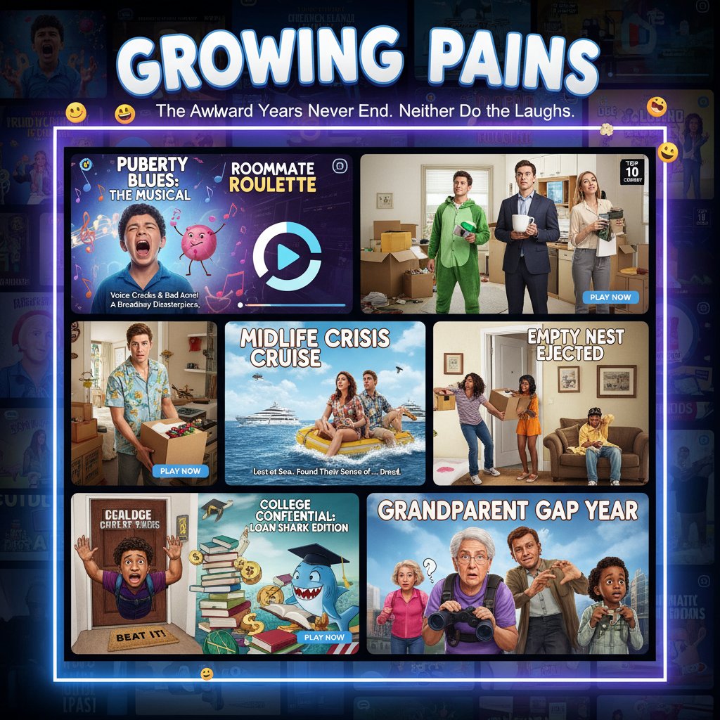 Collage of bold, colorful movie poster designs from recent comedies, blurred for effect.