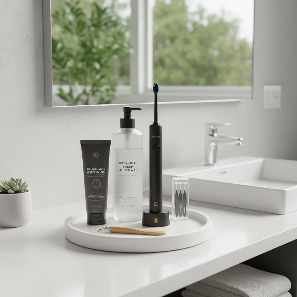 Zdjęcie nowoczesnych produktów do higieny jamy ustnej na tle łazienki