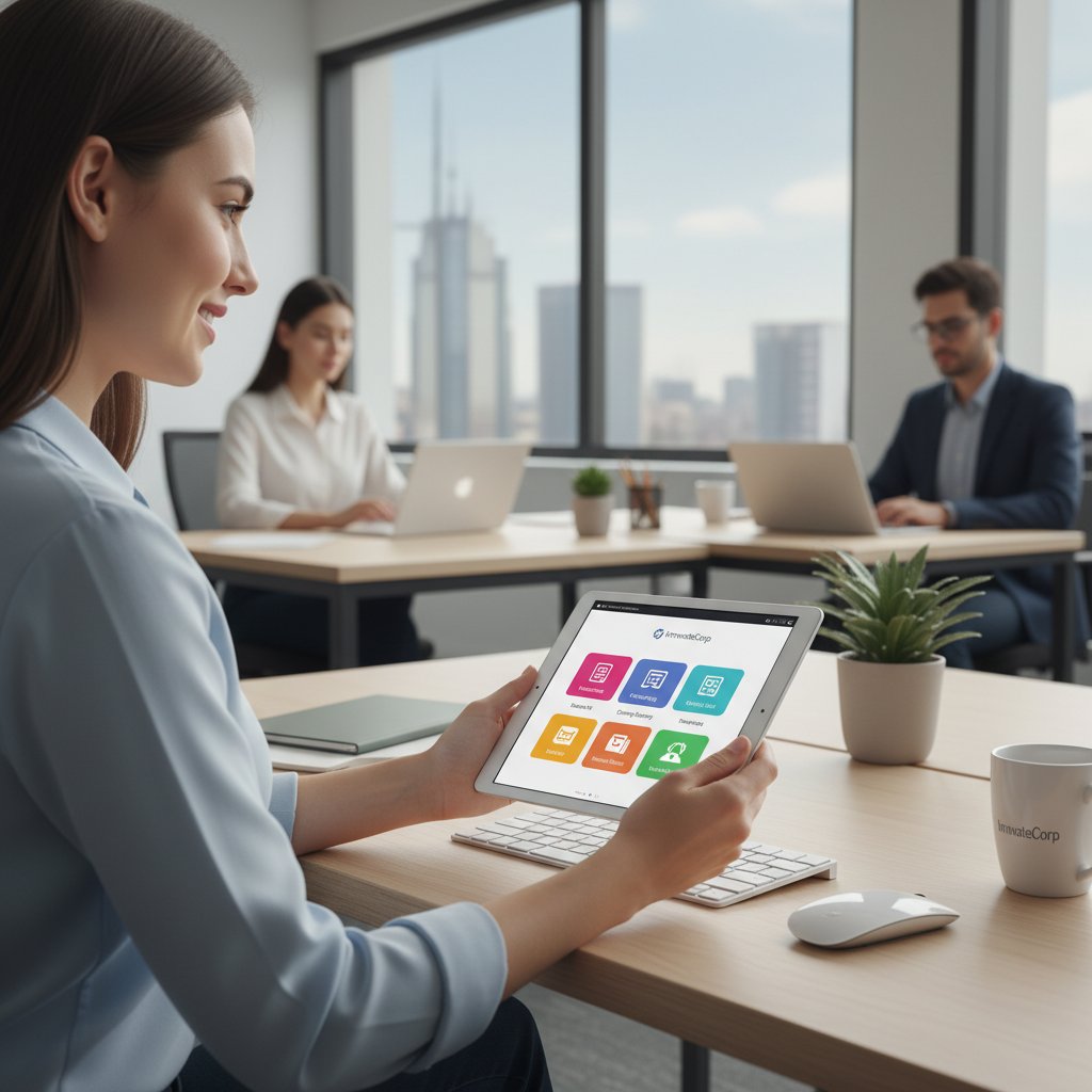 Nowy pracownik korzystający z cyfrowych materiałów onboardingowych na tablecie