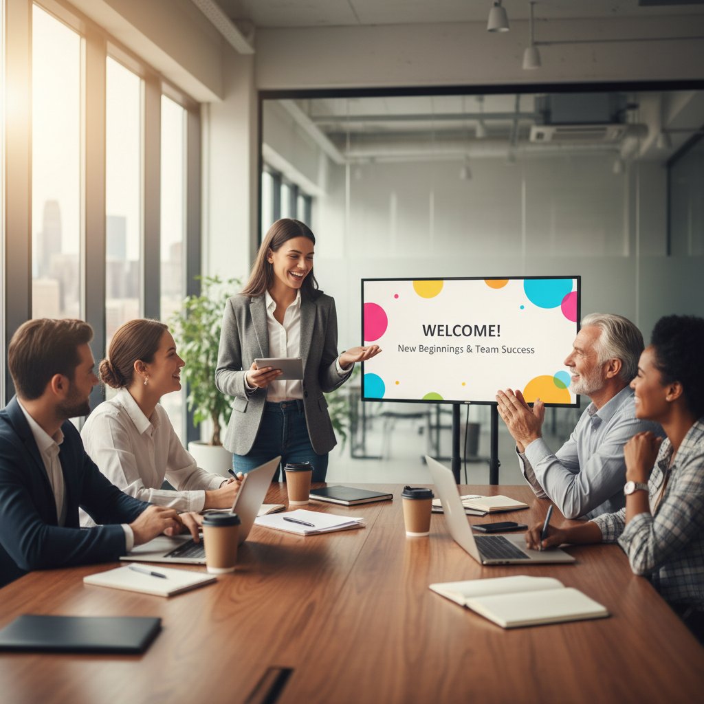 Nowy pracownik podczas spotkania zespołu, aktywnie uczestniczący w dyskusji