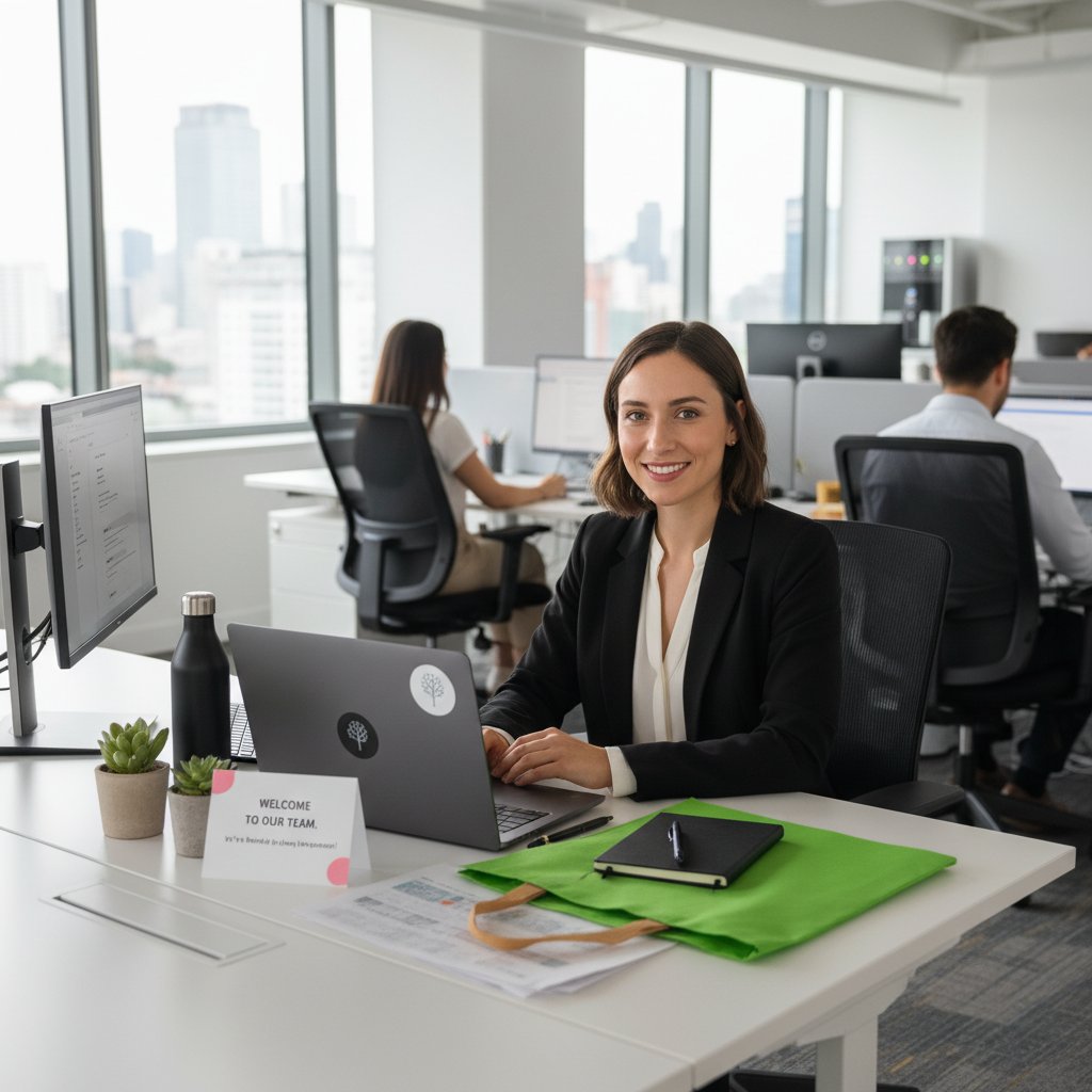 Nowy pracownik otrzymujący welcome pack podczas pierwszego dnia pracy