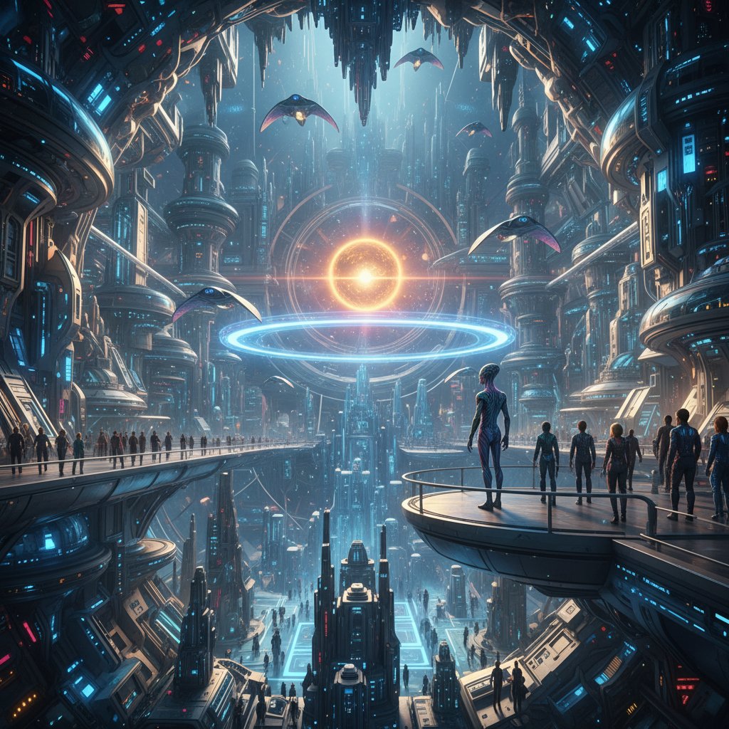 Futuristic cityscape at dusk, glowing neon lights, dramatic clouds, inspired by new visual films