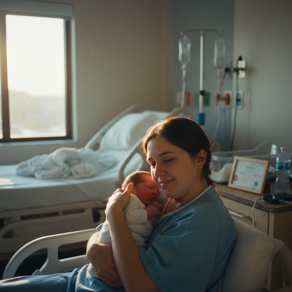 Prawdziwe historie rodziców po ukończeniu edukacji przedporodowej – zmęczony, szczęśliwy tata z noworodkiem na rękach, szpital w tle.