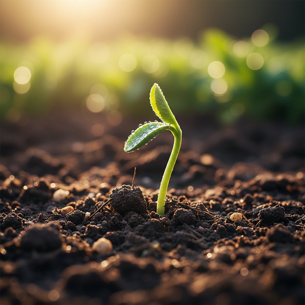 Młody pęd rośliny przebijający się przez glebę w promieniach słońca