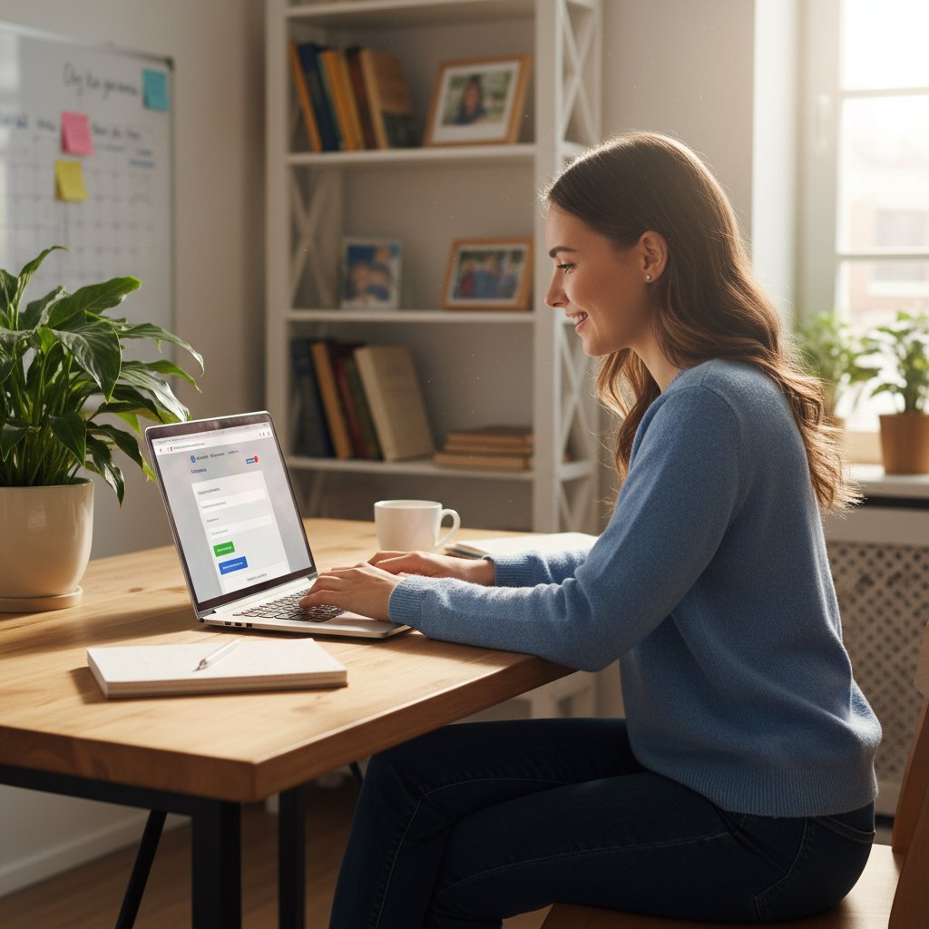 Nowy korepetytor zakłada profil na platformie przez laptop w domowym biurze