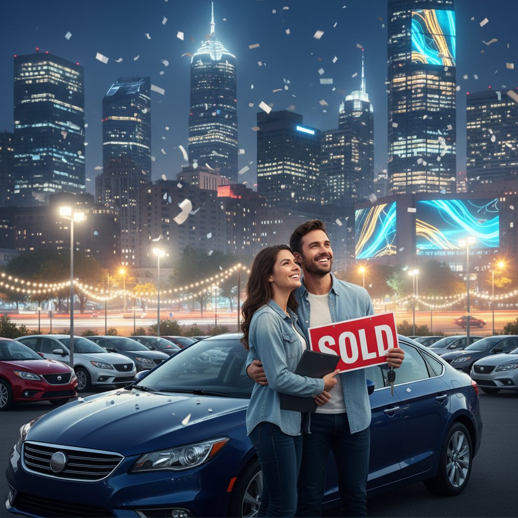 New used car buyers celebrating successful purchase at night.