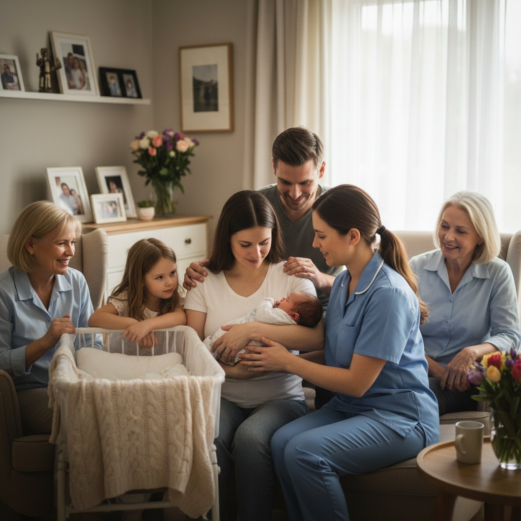 Noworodek na rękach matki, położna rozmawia z rodziną w mieszkaniu, emocje, światło dzienne