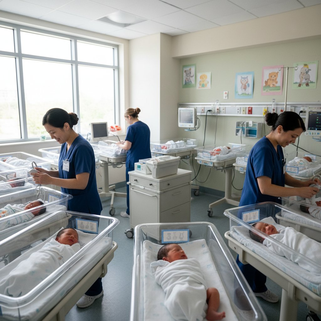 Szpitalna sala porodowa, kilku noworodków przygotowywanych do badań przesiewowych