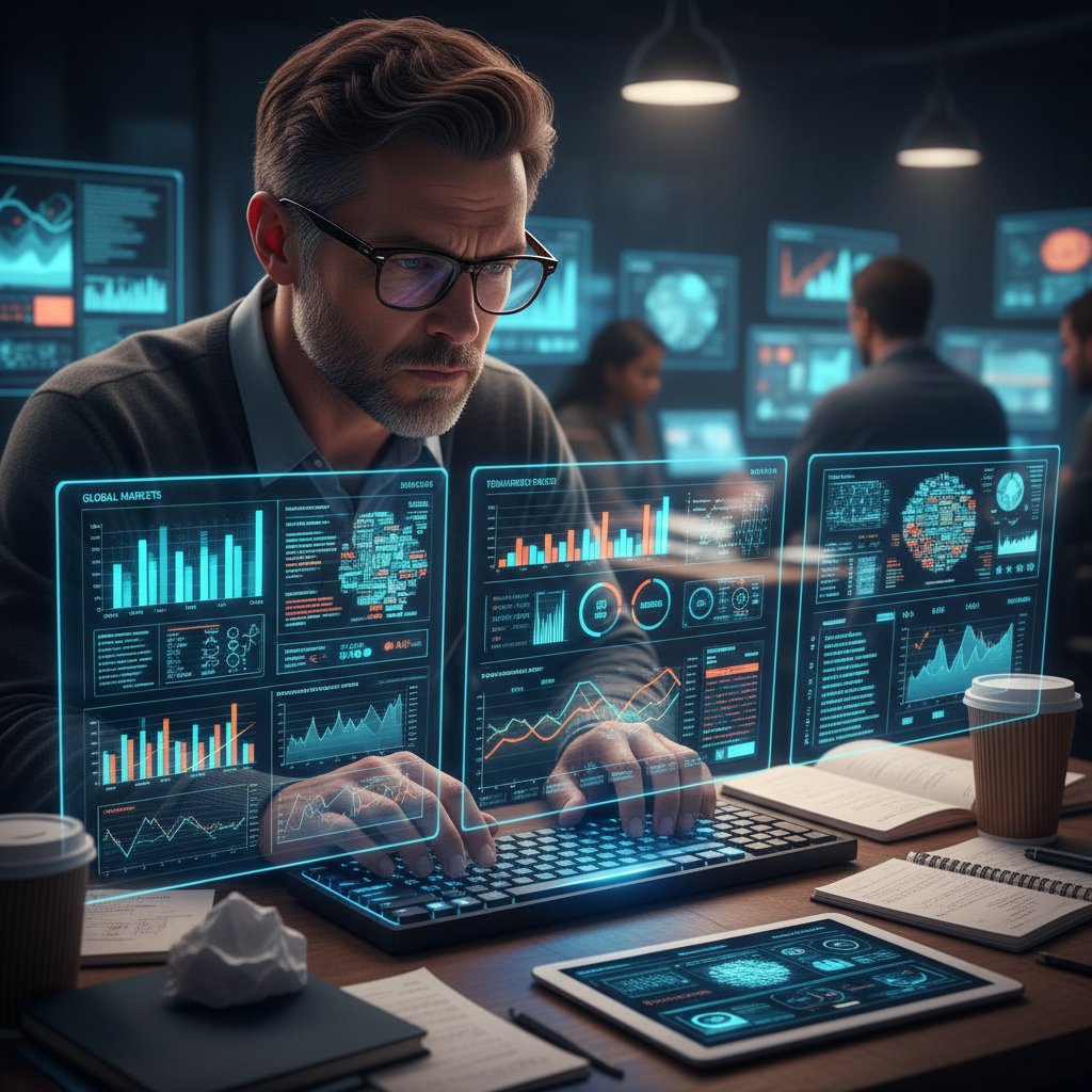 Journalist studying news analytics dashboard at night with data reflected in glasses