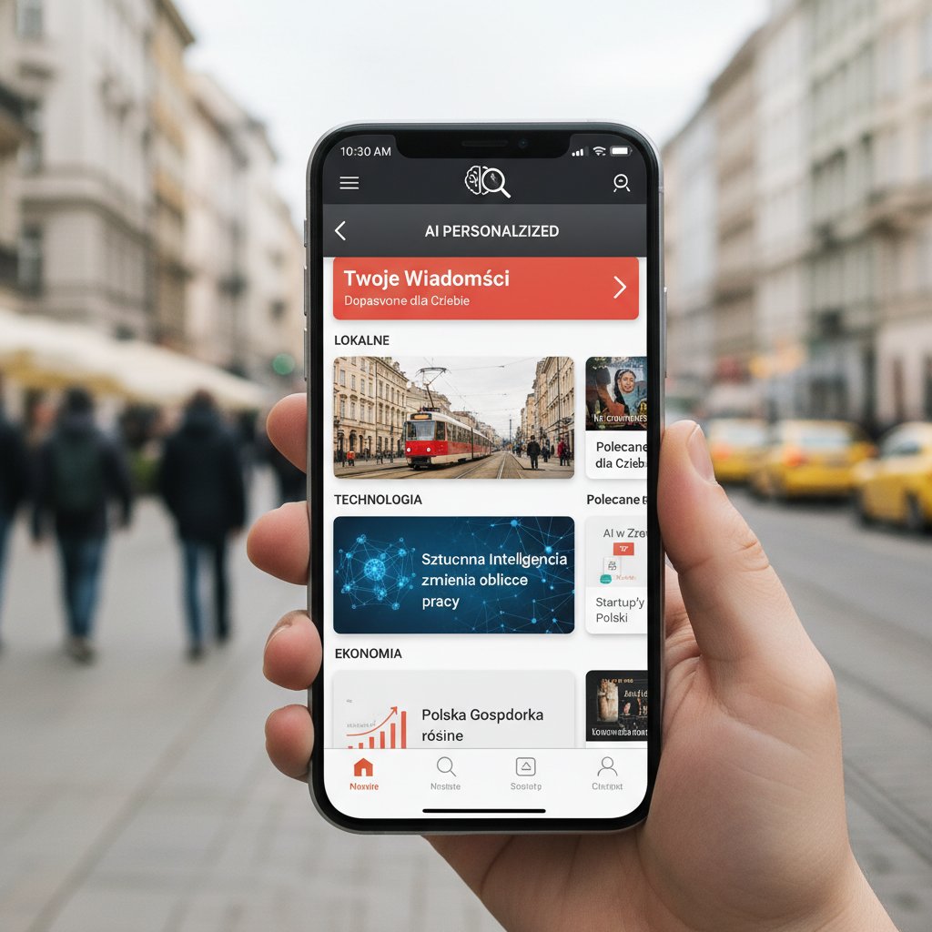 Nowoczesna aplikacja do lokalnych wiadomości wyświetlana na smartfonie, widoczne elementy personalizacji, ciemny klimat, polskie miasto