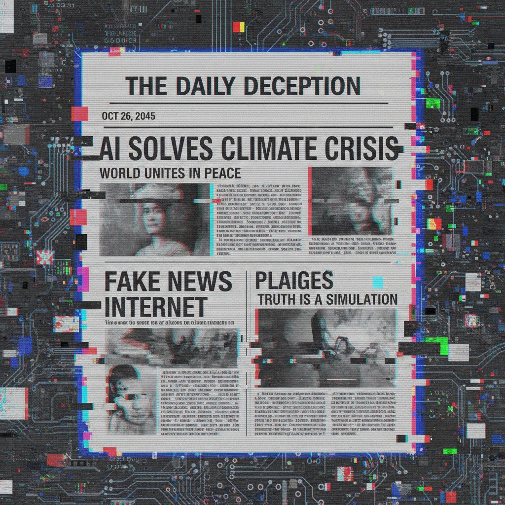 News article with headlines blending truth and fiction, glitchy effect, symbolizing credibility dilemmas in AI news writing