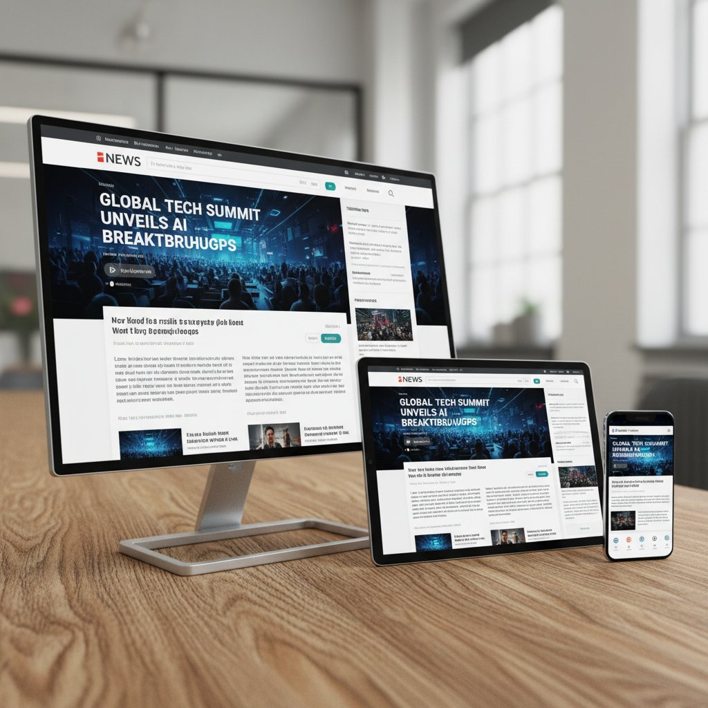 News article layout on multiple devices with clear visual hierarchy, modern design
