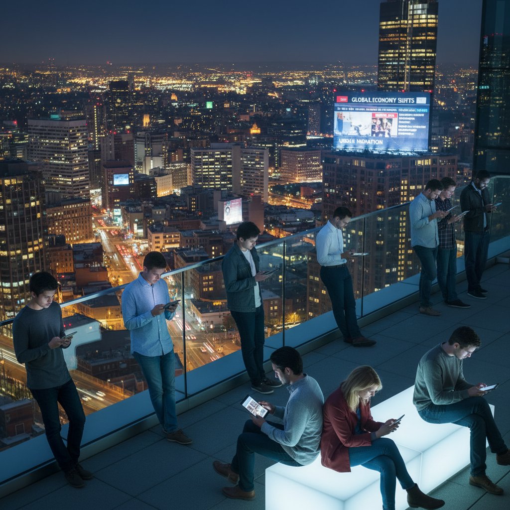 A group of young adults intensely reading digital news on smartphones and tablets, surrounded by urban city lights and bold news headlines on screens