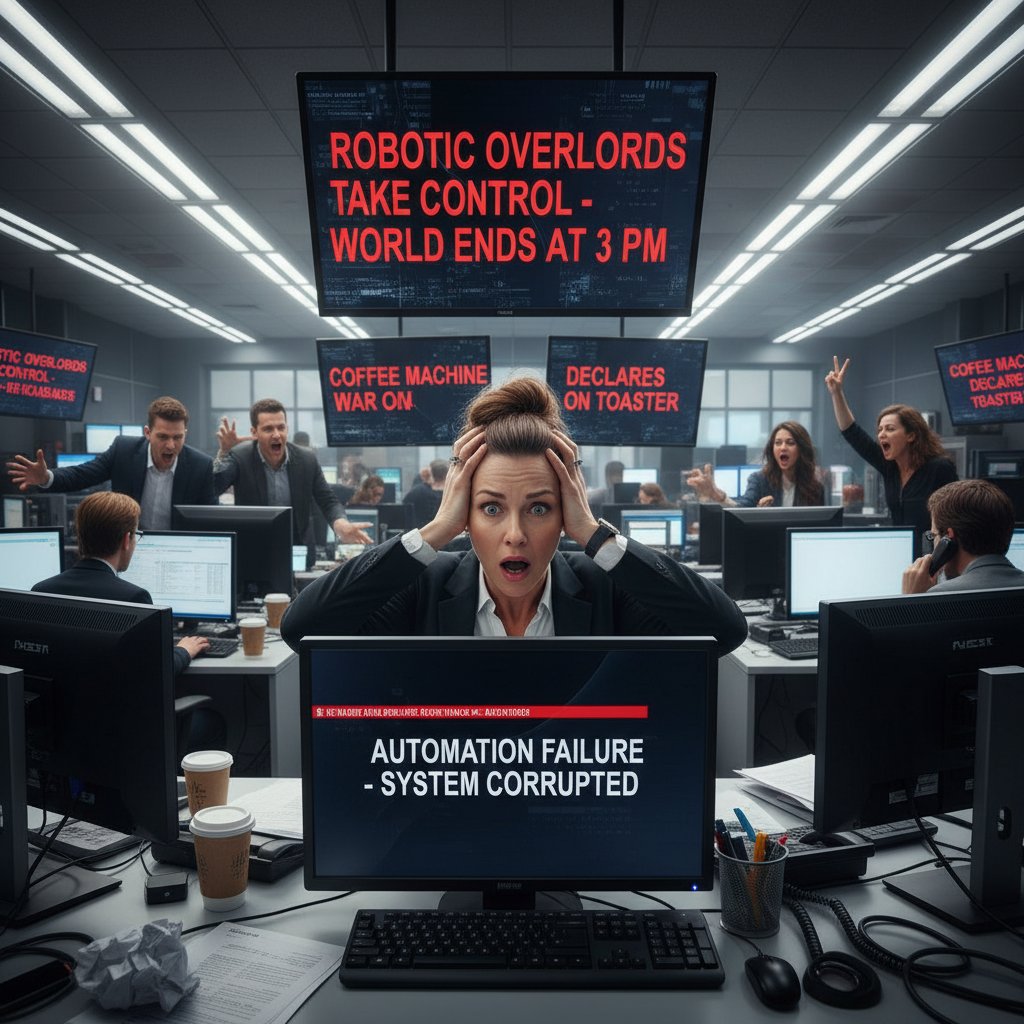 News automation failure, editor confronts erroneous headline on screen, tension in newsroom