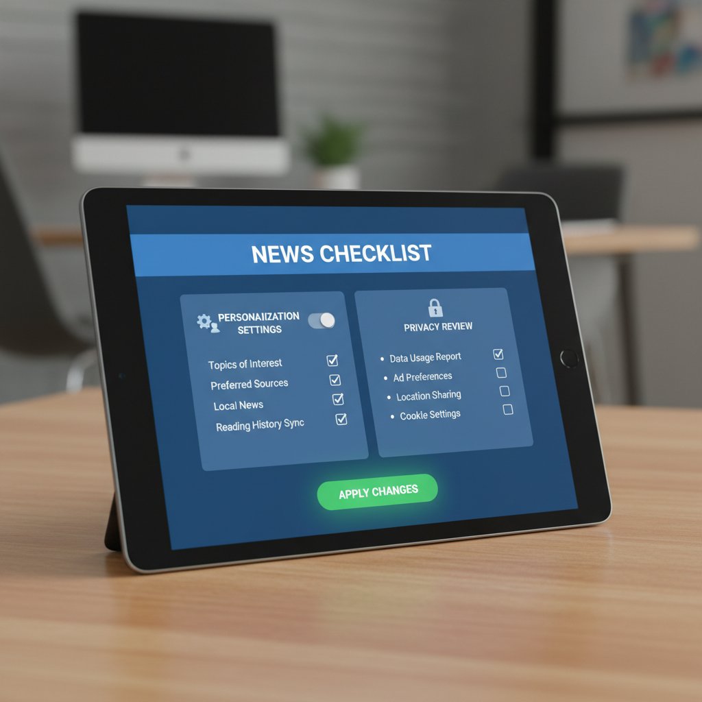 A person reviewing a checklist with news feeds and privacy settings open on a laptop