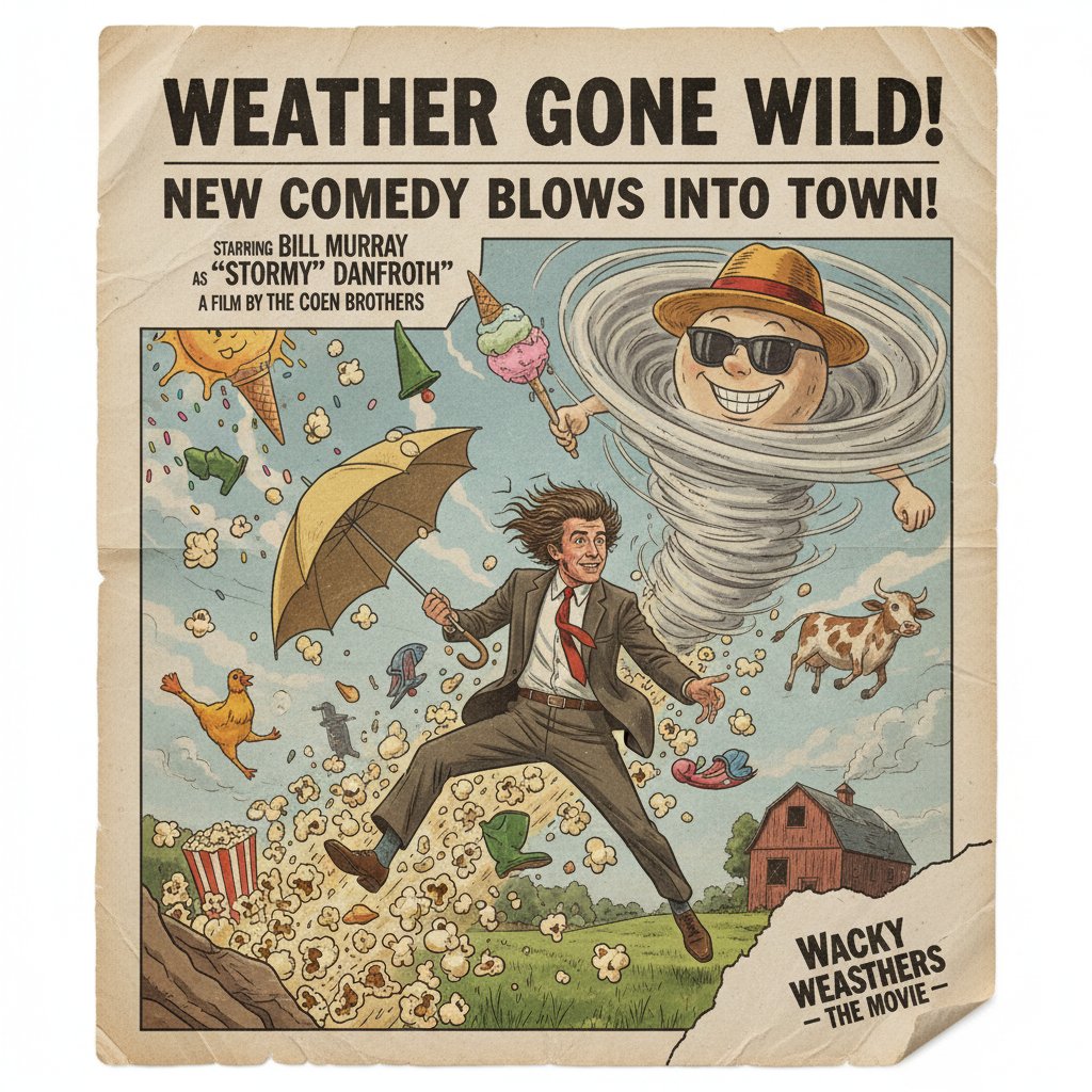 Old news clipping style photo reimagined as a movie poster, wild weather comedy theme