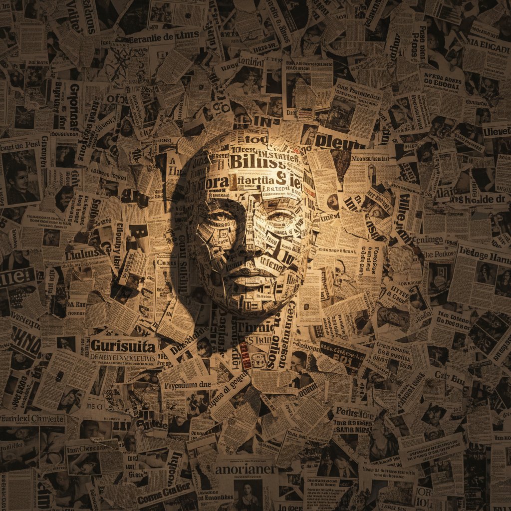 Ściana nagłówków prasowych, jedno wyraźnie wyróżnione oblicze kozła ofiarnego