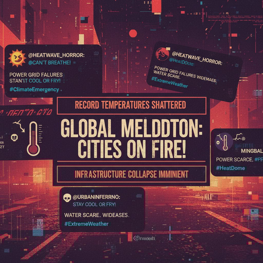 Collage polskich nagłówków i postów o upałach, dramatyczne i ironiczne ujęcie hipertermii