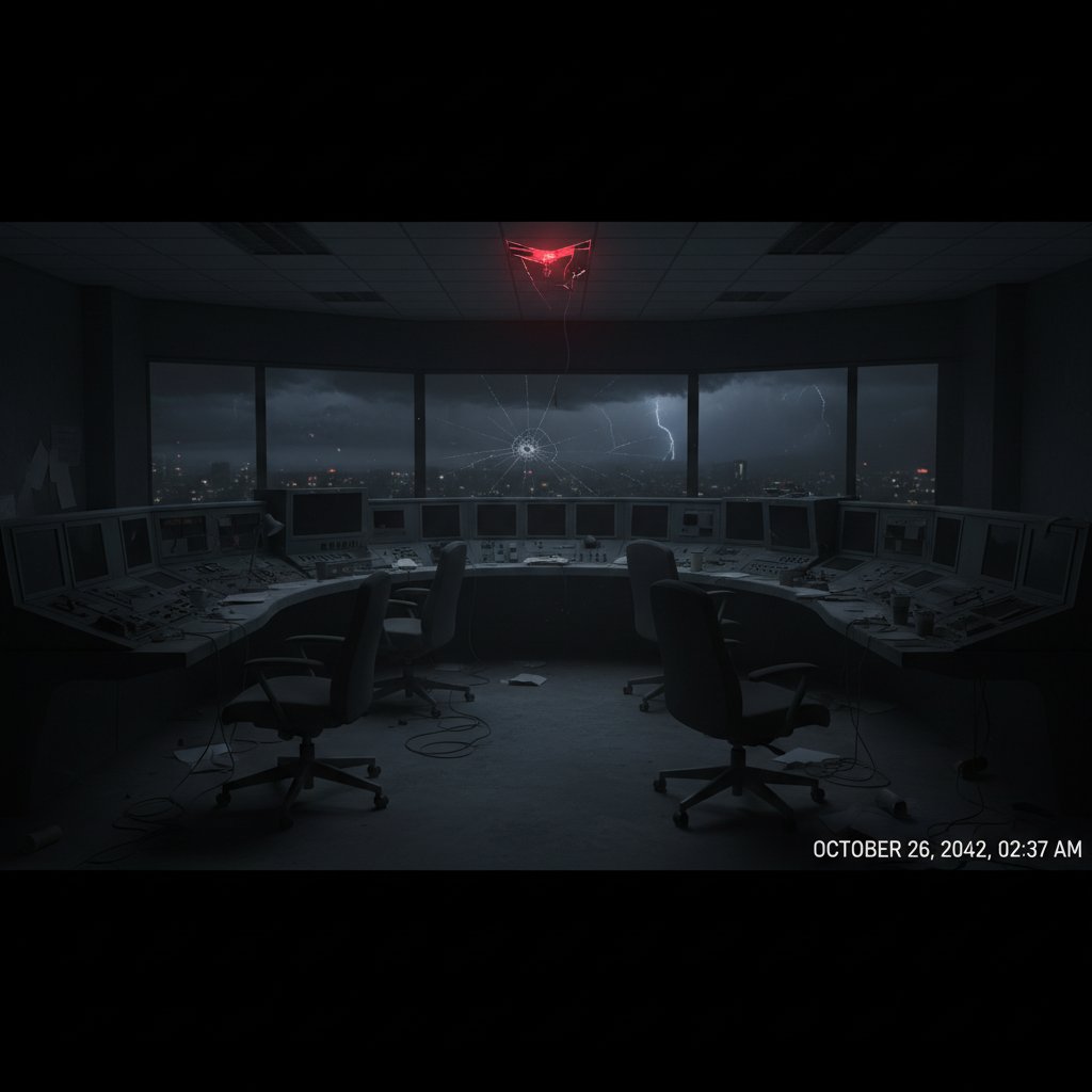 Zdjęcie ciemnej sali kontroli podczas awarii, puste ekrany, napięta atmosfera