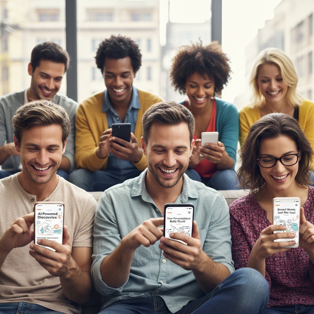 Odbiorcy czytający newsletter na urządzeniach mobilnych, zadowoleni z treści AI