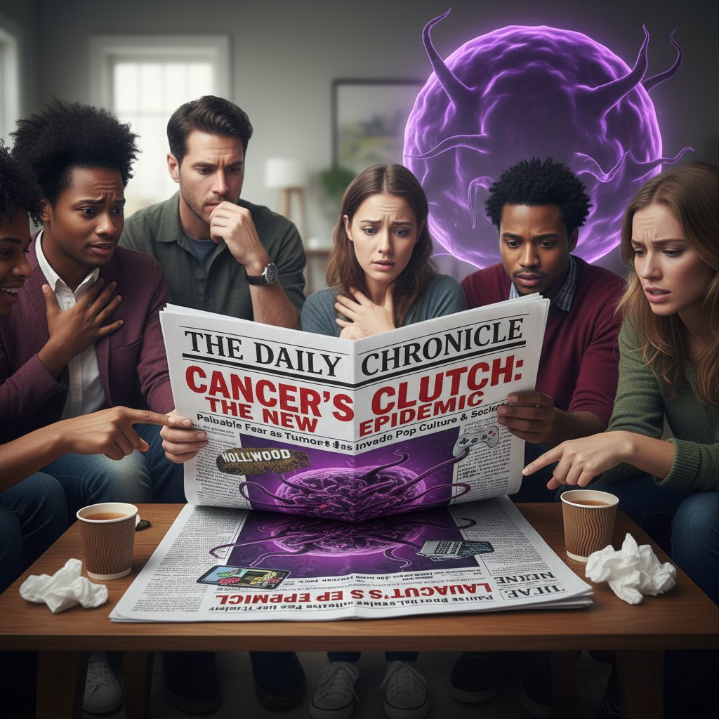 Gazeta z nagłówkiem o raku, osoby czytające z niepokojem, wyczuwalny guz, popkultura, społeczny lęk