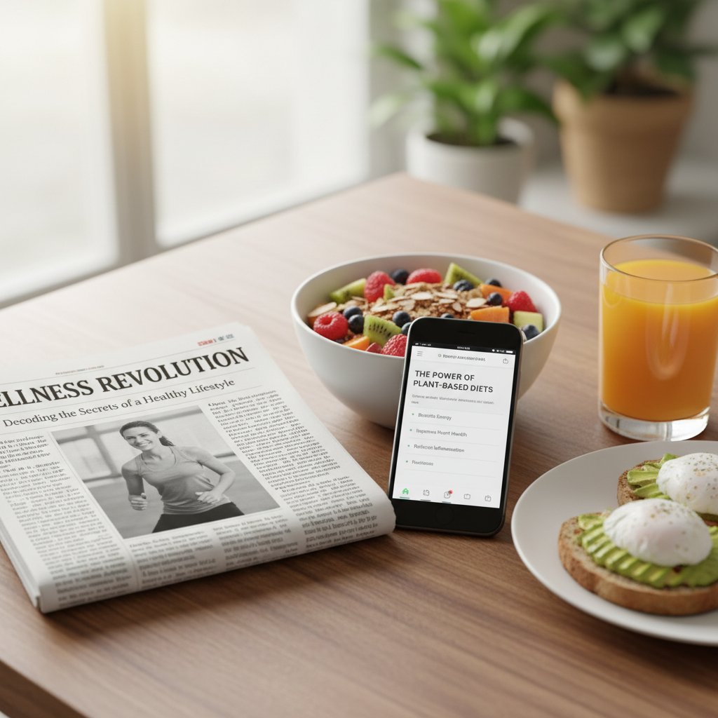 Gazeta i smartfon na stole kuchennym, artykuł o zdrowiu obok tradycyjnego śniadania