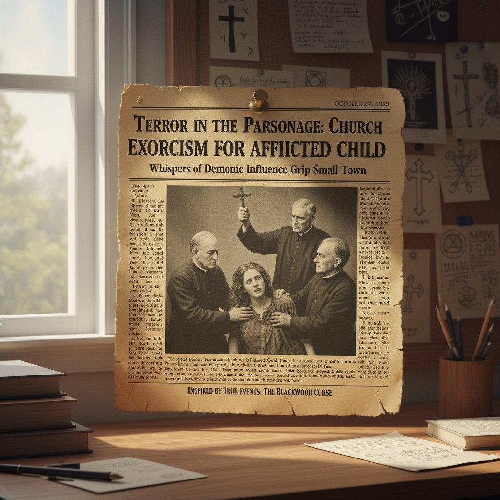 Newspaper reporting alleged possession case, old newspaper clipping about exorcism, real-world possession movie inspiration