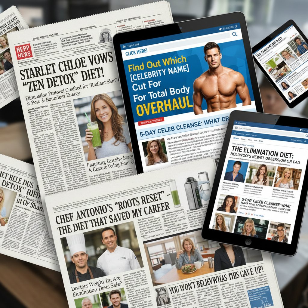 Nagłówki gazet i portale internetowe prezentujące historie celebrytów i ich diety eliminacyjne