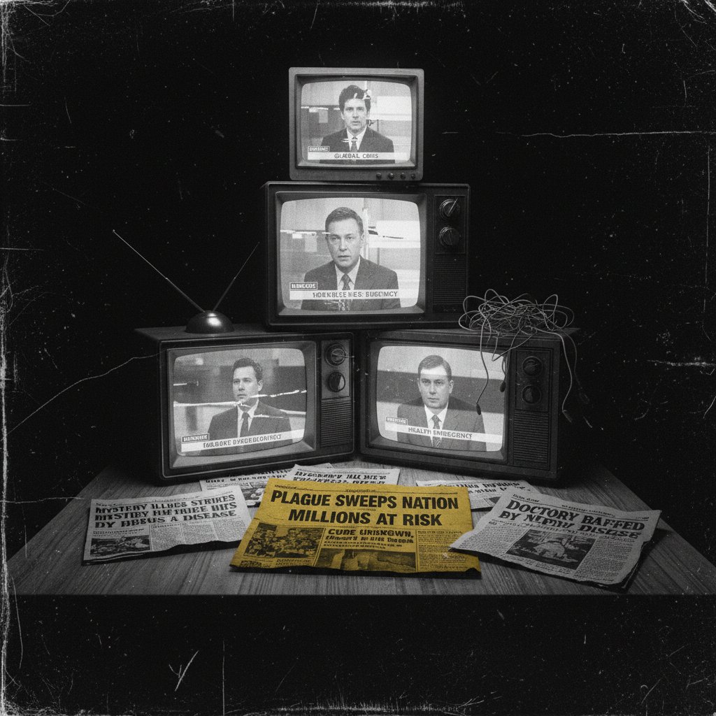 Nagłówki prasowe i stare telewizory z dramatycznymi wiadomościami o zdrowiu, analiza objawów